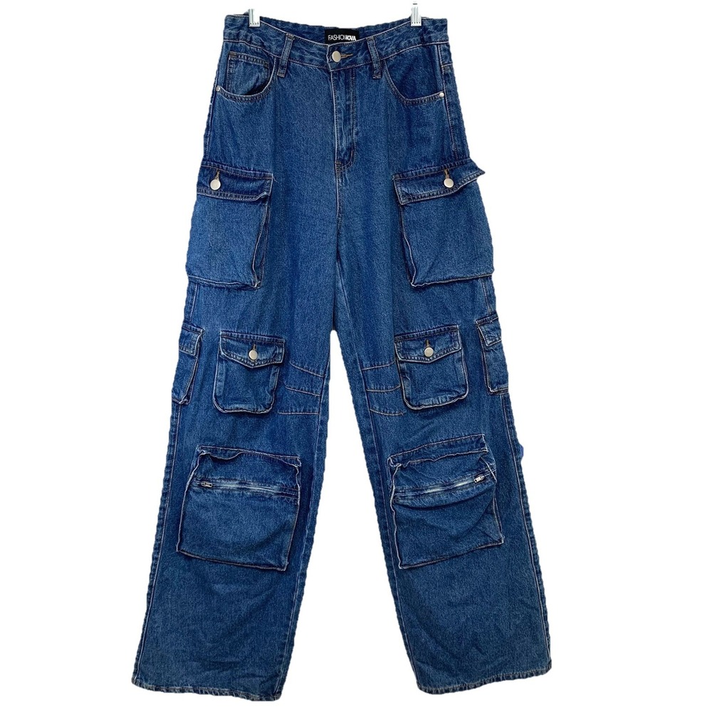 Fashion Nova Baggy High Rise Cargo Jeans Utility 7 Cotton Gorpcore Grunge 34"